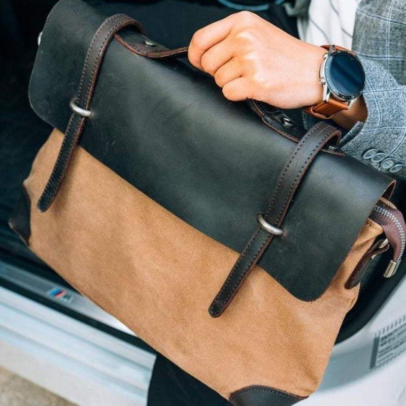 Laptop Messenger Vesker Herre Skinn Og Lerret