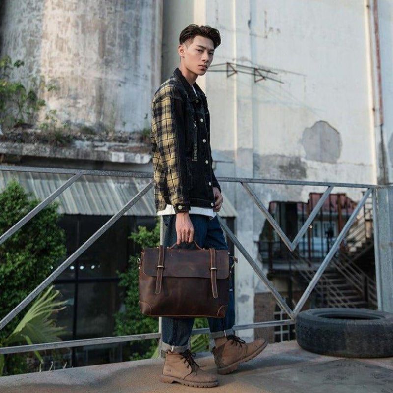 Vintage Lær Messenger Bag For Menn 14-tommers Bærbar Pc