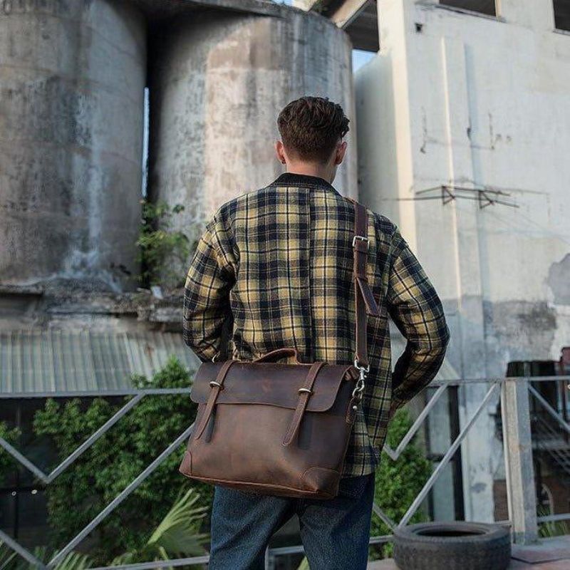 Vintage Lær Messenger Bag For Menn 14-tommers Bærbar Pc